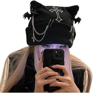 Goth Beanie Hat Women Winter Punk Emo Grunge Cat Ear Knitted Cap Gothic Accessor
